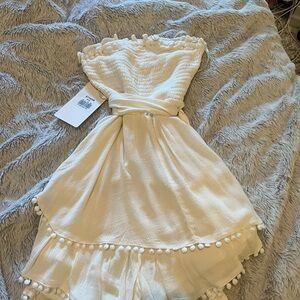 White Strapless Romper with Pom Pom Trim